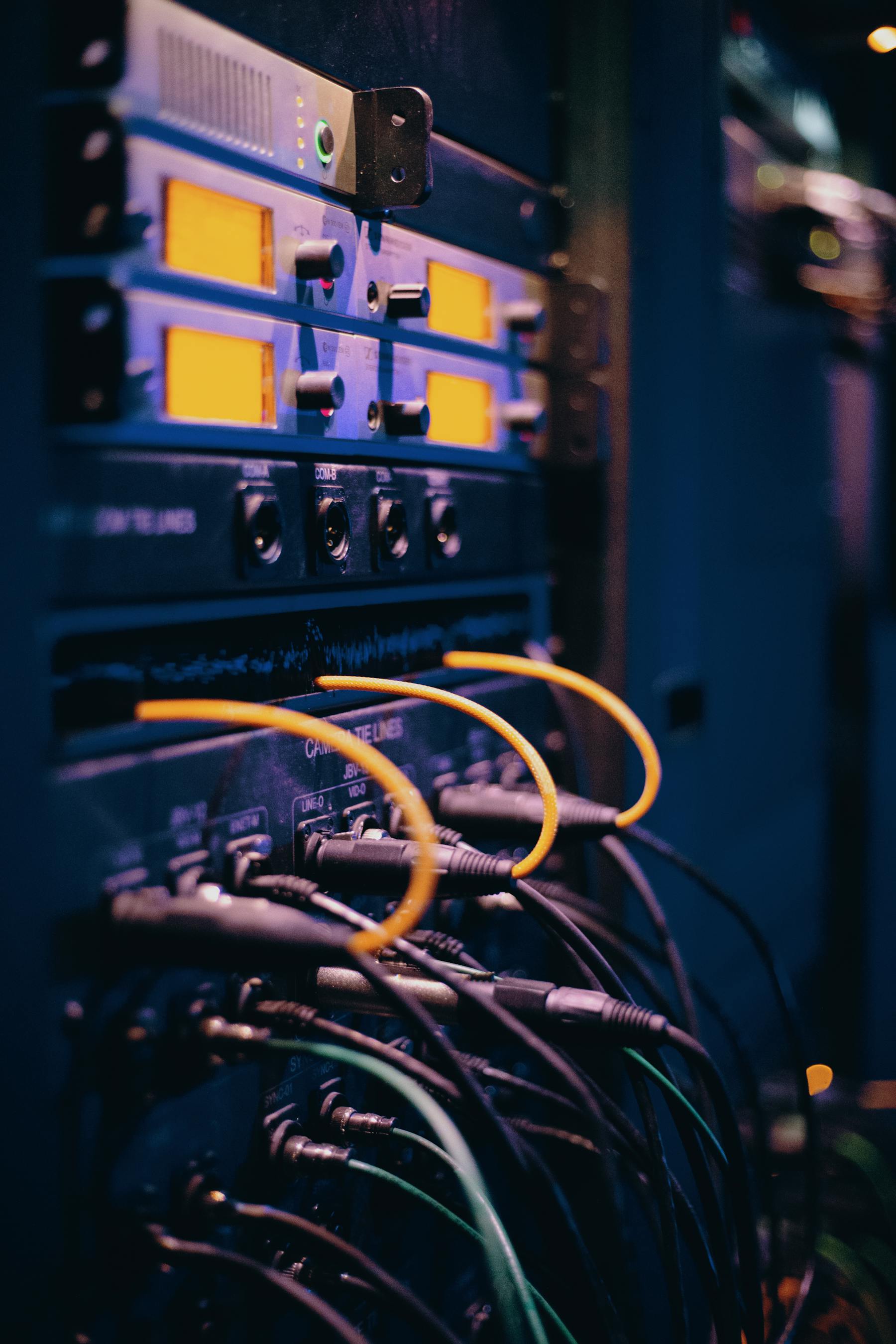Ethernet cables plugged into a rack